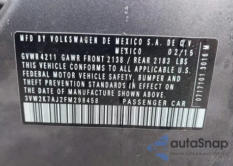 2015 Volkswagen Jetta 2.0L S z USA, uszkodzony, nr VIN 3VW2K7AJ2FM298458